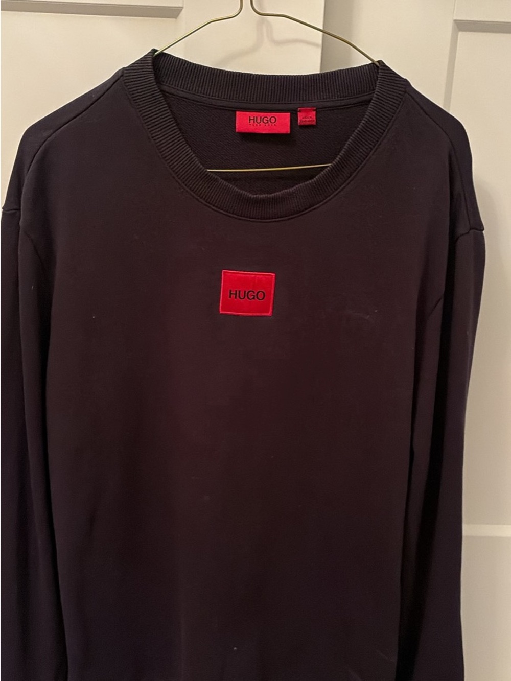 HUGO Black Crewneck Sweatshirt with Red Logo Patch
